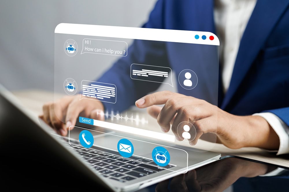 A business owner using a CRM software service chatbot