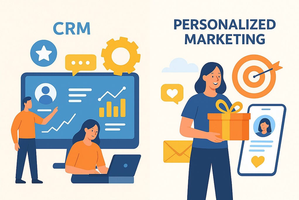 CRM loyalty and engagement platform illustration showing personalized marketing with customer data, rewards, and digital engagement