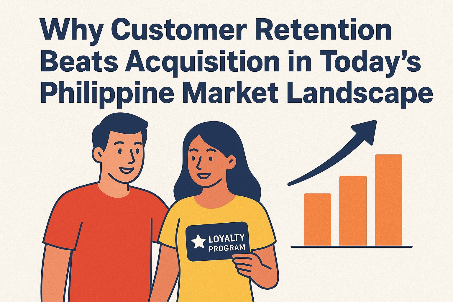 Two Filipino customers holding a loyalty card with a rising graph, representing customer retention in the Philippine market