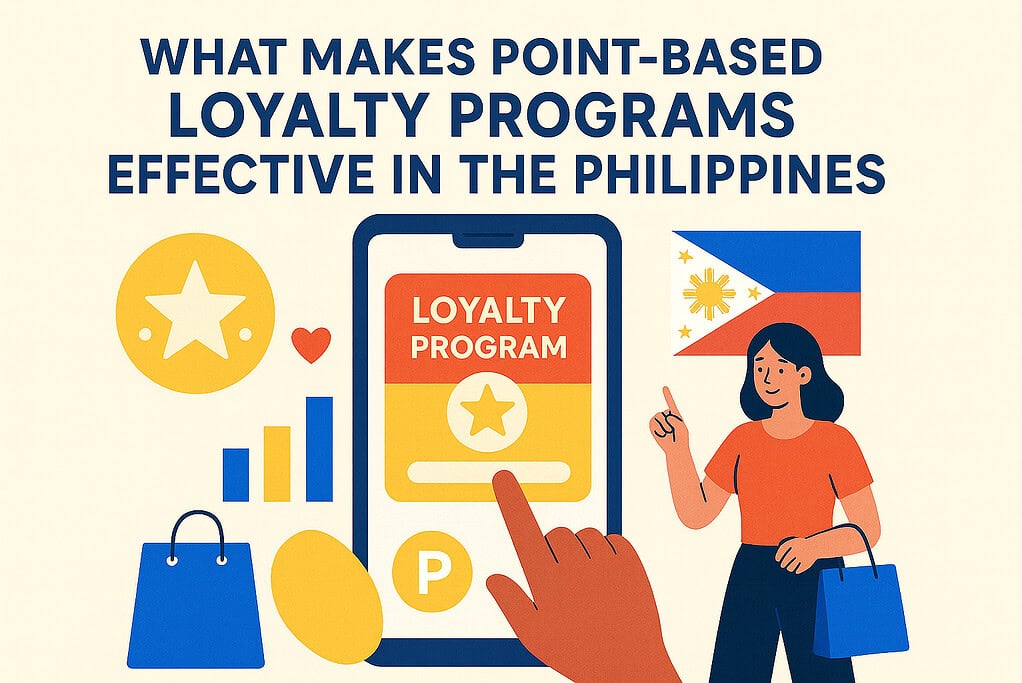 Digital illustration showing a mobile loyalty program and Filipino shopper highlighting the effectiveness of point-based loyalty programs in the Philippines.